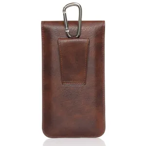 Brown faux leather vertical smartphone holster with carabiner, detailed view of belt loop clip.