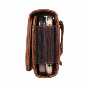 Men's vertical double layer PU leather phone belt holster pouch side detail view in brown