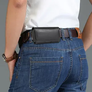 Men's black leather phone holster with belt loop and magnetic closure for daily wear and work.
