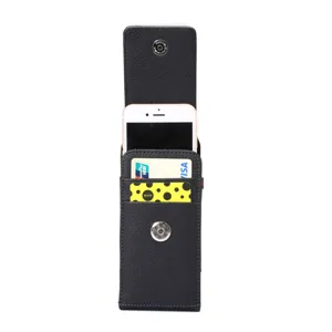 Detail view of black litchi pattern leather vertical phone holster with card slots and snap button.