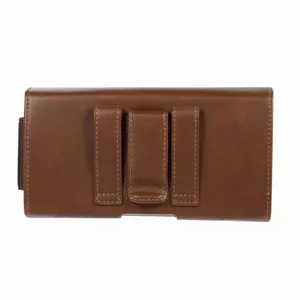 Brown PU leather phone holster detail view, vertical belt clip phone pouch for men.