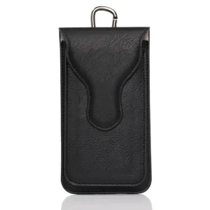 Detailed view of the black leather vertical phone holster featuring a metal carabiner clip.