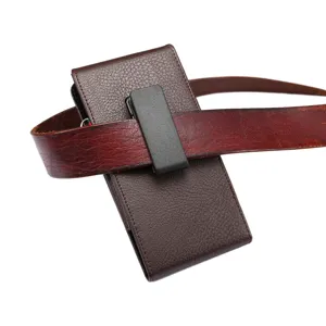 Brown litchi pattern leather phone holster with rotating belt clip, universal vertical case.