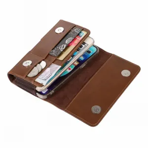 Brown PU leather men belt phone pouch wallet case dual layer with multiple card slots