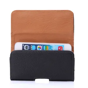 Schwarze Leder-Handytasche mit brauner Innenklappe und praktischer Gürtelschlaufe für Gürtel.