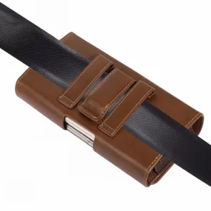 Detailed view of brown PU leather phone holster, double layer design for 5.5-6.7 inch smartphones.
