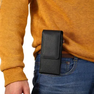 Black lychee grain vertical belt holster phone case worn on waist detailed view display