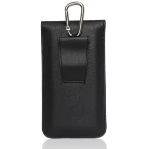 Detailed view of black faux leather double-layer phone holster with metal carabiner clip.