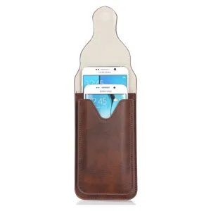 Brown PU leather vertical phone pouch holster double layer design universal protective case.