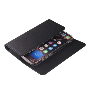 Schwarze PU Leder Klappetui Handytasche Detailansicht, universelle Schutzhülle für Smartphone.