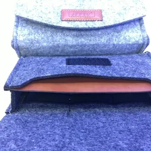 Grey felt phone pouch organizer with brown leather patch and snap closure, main view display.