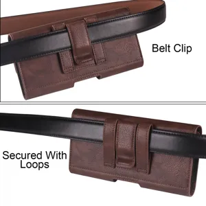 Braunes PU Leder Handyholster Etui mit Güteklip und Schlaufen für universellen Smartphoneschutz.