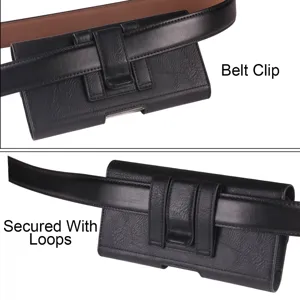 Detailansicht der schwarzen PU-Leder Handy-Gürteltasche mit sicherem Clip und Schlaufenbefestigung.