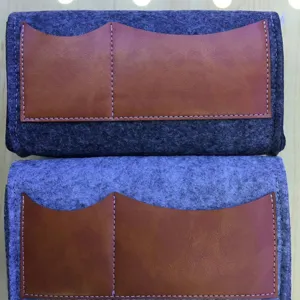 Grey felt phone clutch bag with brown leather pocket color blocking design main view showcase