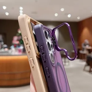 Coque de téléphone mate avec support en métal pour Samsung S25 Ultra, protection magnétique