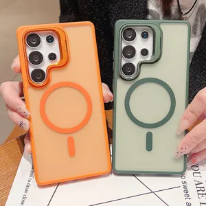 Coque Magnétique en TPU PC Effet Peau Mate Avec Béquille d'Objectif Métallique Housse Antichoc pour Samsung Galaxy
