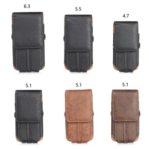 Vertical leather phone pouch detail view, showing various sizes and colors for belt clip use.