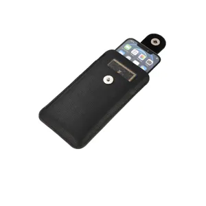 Black vertical leather phone sleeve pouch with card slot and magnetic snap detail view.