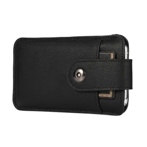 Black vertical leather phone holster case with card slot and magnetic snap closure for iPhone.