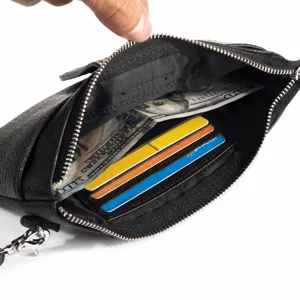 Portefeuille pochette en cuir noir pour hommes fermeture éclair porte-cartes détail rétro
