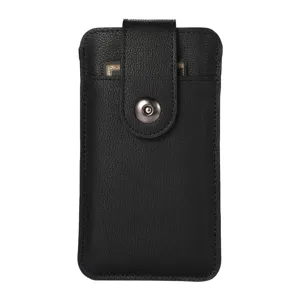 Black leather vertical phone holster case with card slot and magnetic snap button.