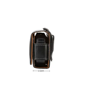 Detailed close-up view of the black leather phone holster showing its 2.2cm side thickness.