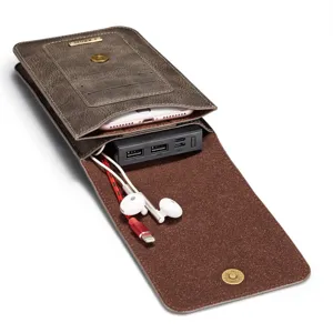 Retro braune doppelschichtige Leder Handytasche Taillentasche Detailansicht für Smartphones.
