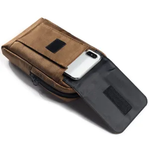 Durable oxford cloth universal phone waist bag in brown with secure flap and zipper pocket.