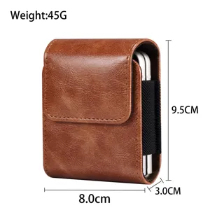 Detailed view of the brown leather folding phone case showing compact size and dimensions.