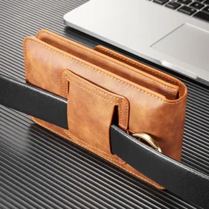 Funda de cuero marrón para teléfono con cinturón, riñonera resistente para smartphones.