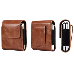 Brown leather protective case for foldable smartphones with practical belt clip and elastic side.