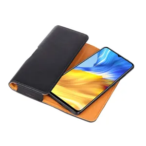 Leather phone holster detail view, magnetic closure and belt loop for men, premium litchi pattern.