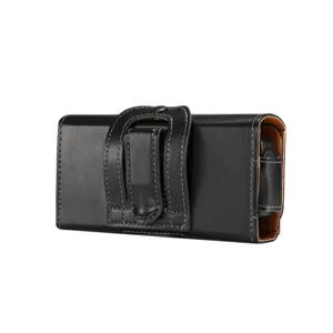 Black leather horizontal phone holster belt pouch with clip and loop for men daily use.