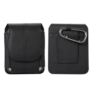 Funda de cuero negro para teléfono plegable con clip de cinturón y gancho de mosquetón