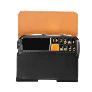 Men's black leather horizontal phone holster pouch with orange lining for rugged feature phones.