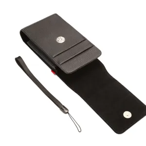 Funda de cuero vertical universal para teléfono con ranuras para tarjetas y correa de muñeca.