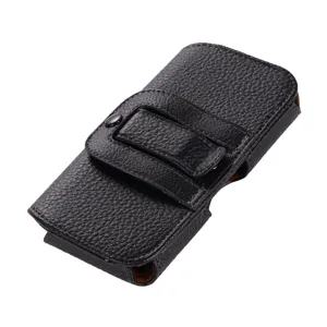 Schwarze Leder Handytasche Gürtelholster mit Gürtelclip und Klappdeckel für Smartphone Detail
