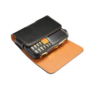 Men black leather phone holster horizontal belt pouch case for rugged mobile devices daily use.