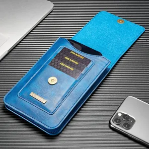DG.MING Funda de Cuero Azul para Teléfono Riñonera con Ranura para Tarjetas y Cierre