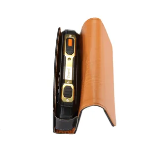 Close-up detail of the durable leather phone holster case with classic flap closure design.