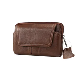 Riñonera de cuero genuino para hombre bolsa de teléfono marrón estuche retro bolsillo
