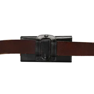 Black leather horizontal phone holster with belt loop, durable everyday utility pouch for men.