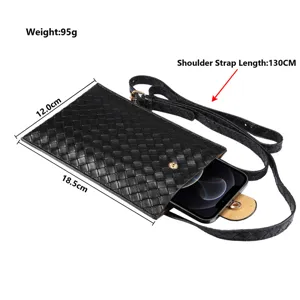 Borsa a tracolla per telefono in pelle intrecciata nera con cinghia lunga, misura universale.