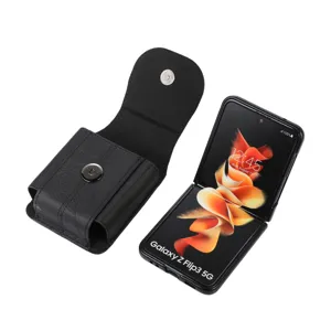 Funda de cuero para cinturon de smartphone plegable, color negro universal elegante.