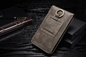 Universelle 6.5 Zoll Leder Handy Gürteltasche Holster mit Kartenfach und Metallring, dunkelgrau.