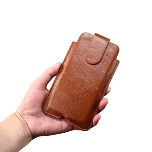 Braune Leder Handytasche mit Gürtelschlaufe und Magnetverschluss, universelle Schutztasche.