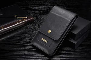 Schwarze Leder-Handytasche Gürteltasche für 6,5-Zoll-Smartphones mit Metallknopf.