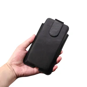 Schwarze Leder Handytasche universal Gürteltasche mit Magnetverschluss Detailansicht