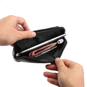 Riñonera de cuero negro para hombre, funda de teléfono universal con gran interior.