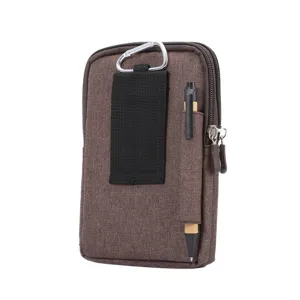 Bruine canvas telefoontas voor aan de riem met karabijnhaak en penhouder voor dagelijks gebruik.